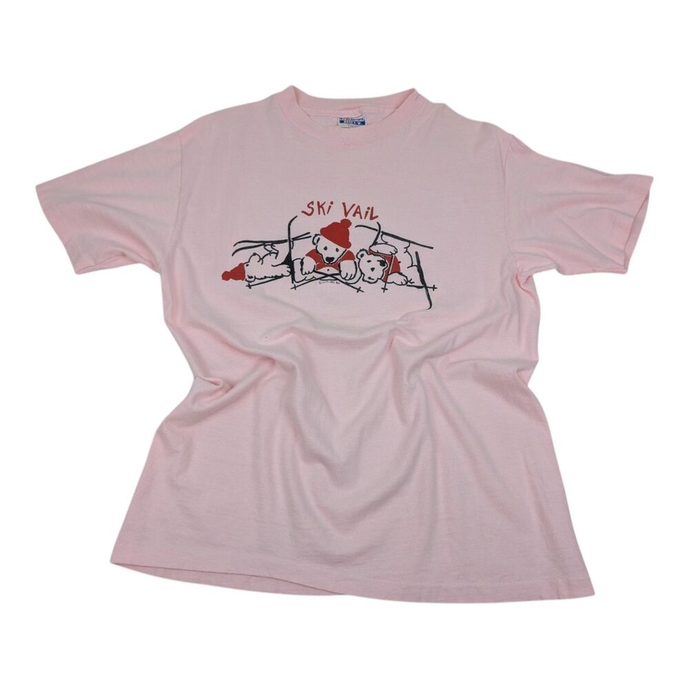 Ski Vail Colorado CO Bear T-Shirt Pink Single Stitch Size‎ M/L VTG Retro 80s